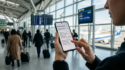 Viajante segurando smartphone com internet móvel ativa em terminal de aeroporto internacional