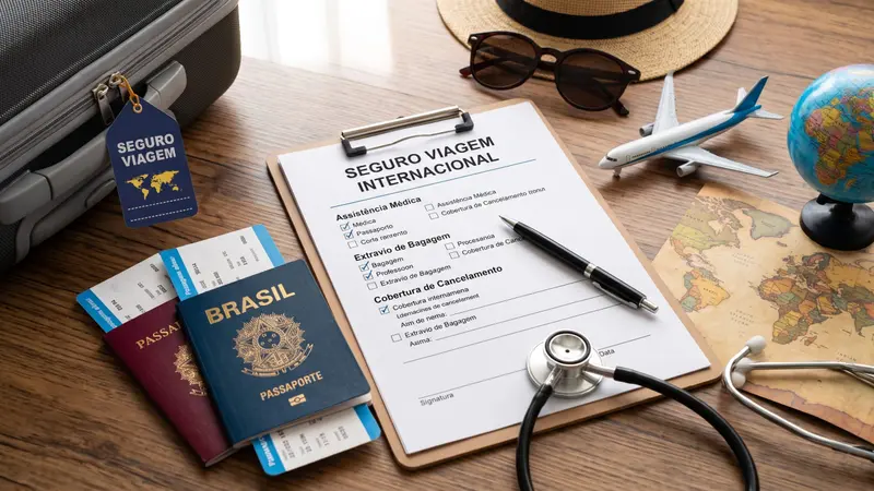 Seguro viagem internacional com passaporte e itens essenciais de viagem